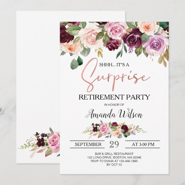 Burgund Elegantes Script Surprise Retirement Party Einladung (Vorne/Hinten)