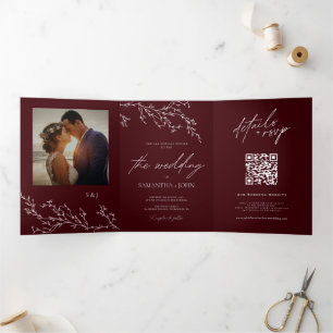 Burgund & Elfenbein Botanische Elegante Hochzeit Dreifach Gefaltete Einladung