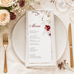 Burgund-elfenbeinfarbenes Blumenhochzeitsmenükarte Menükarte