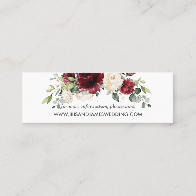 Burgund Elfenbeinflorale Hochzeit Website-Karte Mi Mini Visitenkarte (Vorderseite)