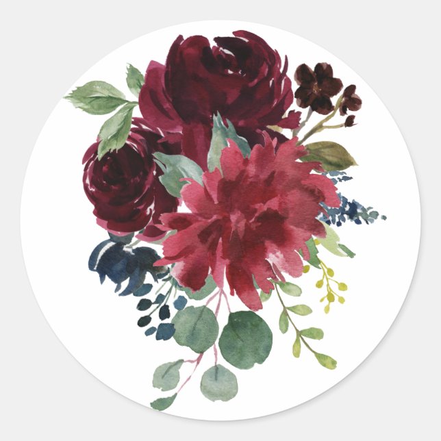 Burgund Flora Elegantes Watercolor Runder Aufkleber (Vorderseite)