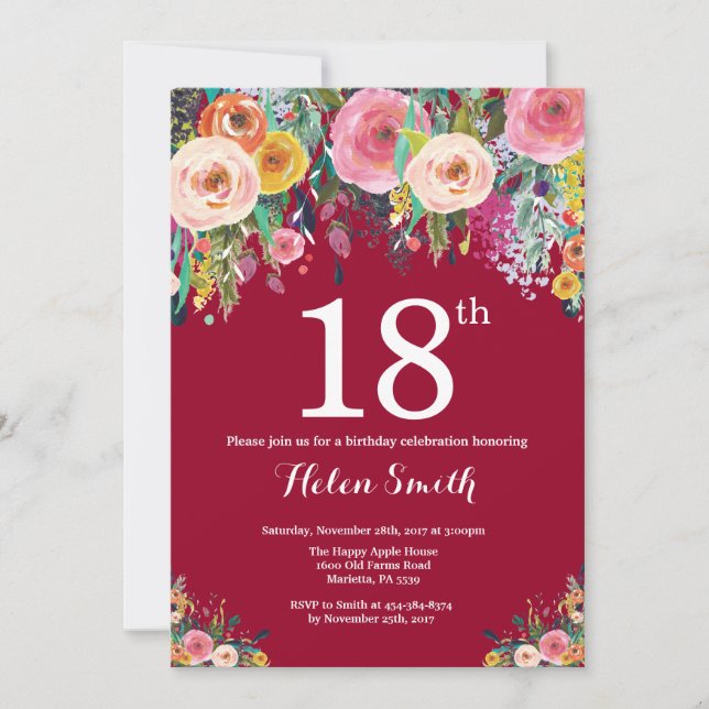 Burgund Floral 18. Geburtstag Einladung (Vorderseite)