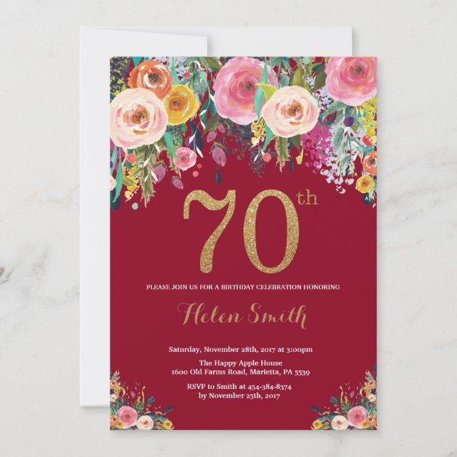 Burgund Floral 70. Geburtstag Einladung Gold (Vorderseite)