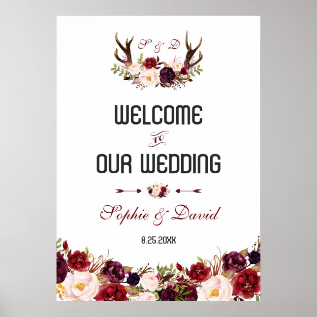 Burgund Floral Antlers Begrüßungszeichen Poster (Vorne)