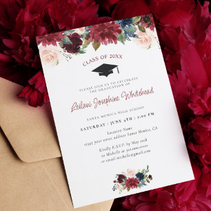 Burgund-Floral-Aquarell-Graduierungspartei Einladung