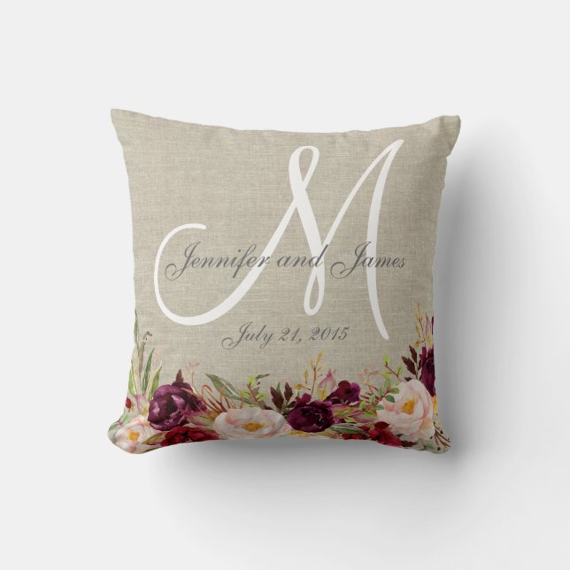 Burgund Floral Beige Leinencreme Kissen (Vorderseite)