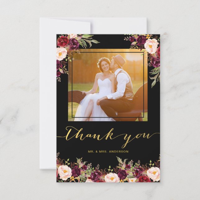 Burgund Floral Black Gold Foto Hochzeit Vielen Dan Dankeskarte (Vorderseite)
