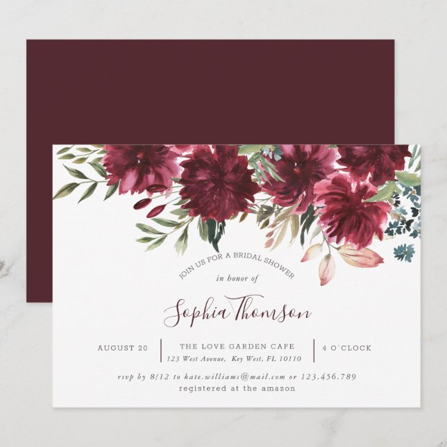 Burgund Floral Bloom Brautparty Einladung (Vorne/Hinten)