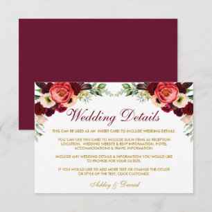 Burgund Floral Boho Hochzeitdetails Beilage Karte 
