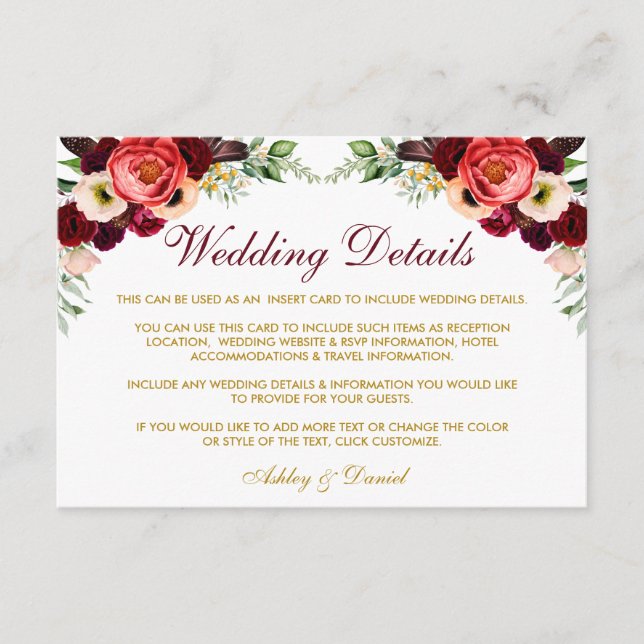 Burgund Floral Boho Hochzeitdetails Beipackkarte W Begleitkarte (Vorderseite)