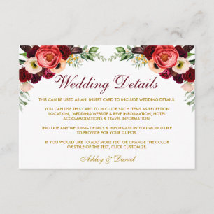 Burgund Floral Boho Hochzeitdetails Beipackkarte W Begleitkarte