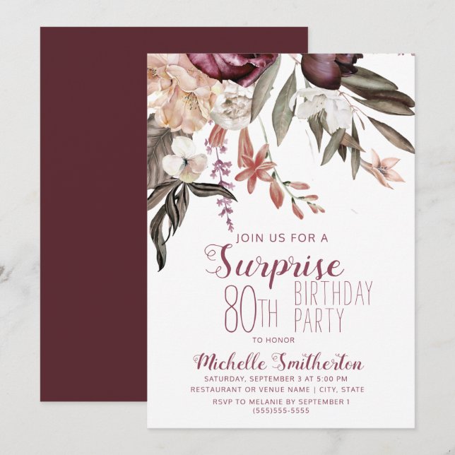 Burgund Floral Boho Vintag 80. Geburtstag Einladung (Vorne/Hinten)