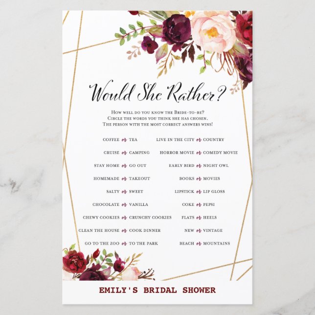 Burgund Floral Brautparty Game, Polterabend (Vorderseite)