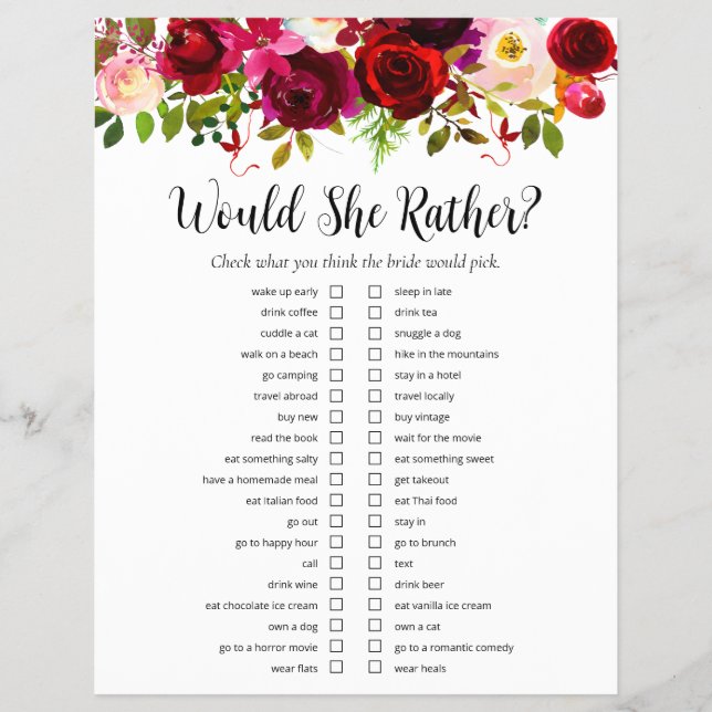 Burgund Floral Brautparty Games Flyer (Vorne)