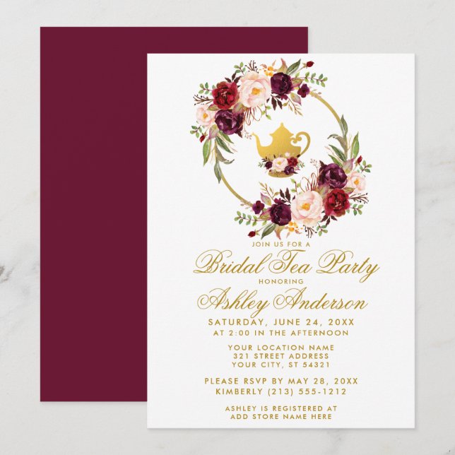 Burgund Floral Brautparty Tee Party Einladung GB (Vorne/Hinten)