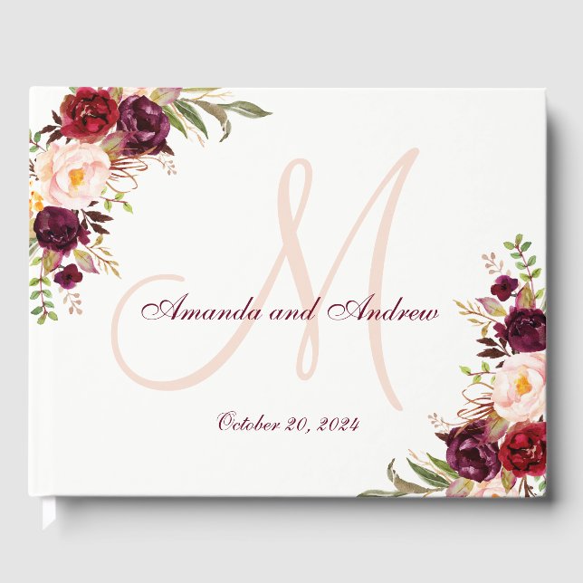 Burgund Floral Chic Gray Monogram Foto Wedding Gästebuch (Vorderseite)