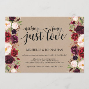 Burgund Floral Elopement Empfang Kraft lädt ein Einladung