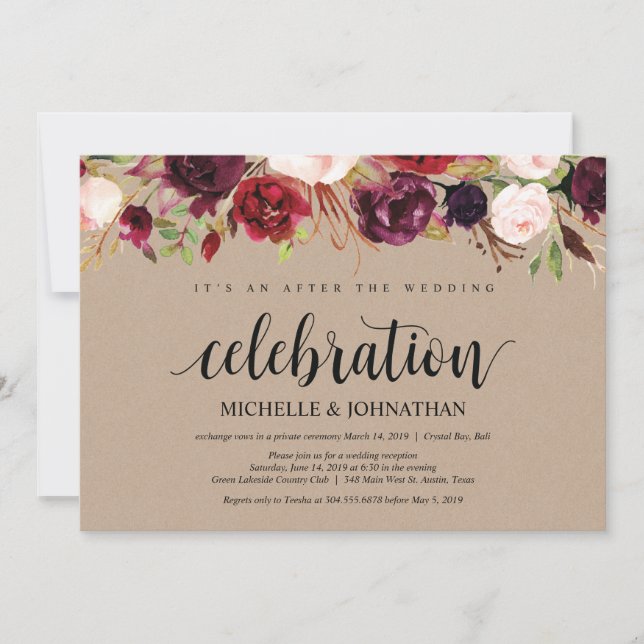 Burgund Floral Elopement Empfang Kraft lädt ein Einladung (Vorderseite)