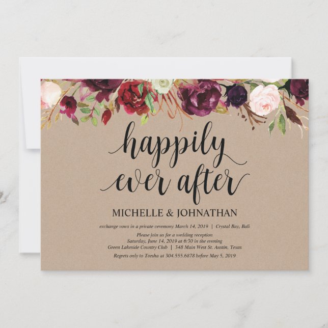 Burgund Floral Elopement Empfang Kraft lädt ein Einladung (Vorderseite)