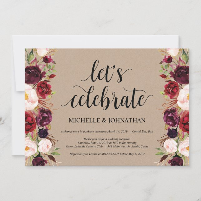 Burgund Floral Elopement Empfang Kraft lädt ein Einladung (Vorderseite)