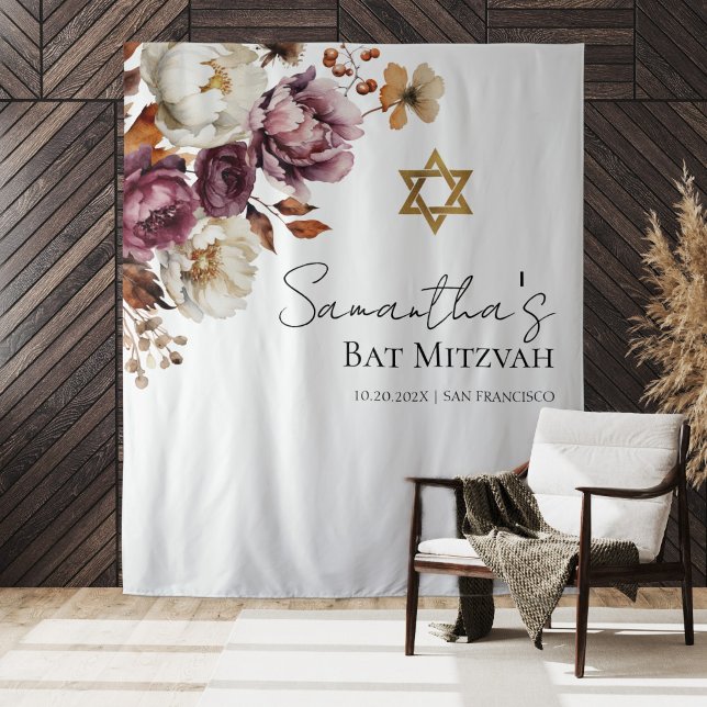Burgund Floral Fall Bat Mitzvah Hintergrund Wandteppich (Von Creator hochgeladen)