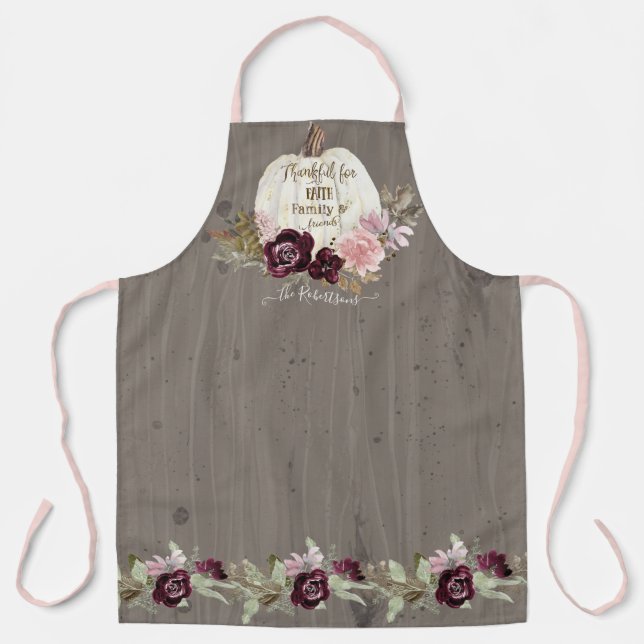 Burgund Floral Fall Rustikale Blätter Weiße Pumpki Schürze (Vorderseite)