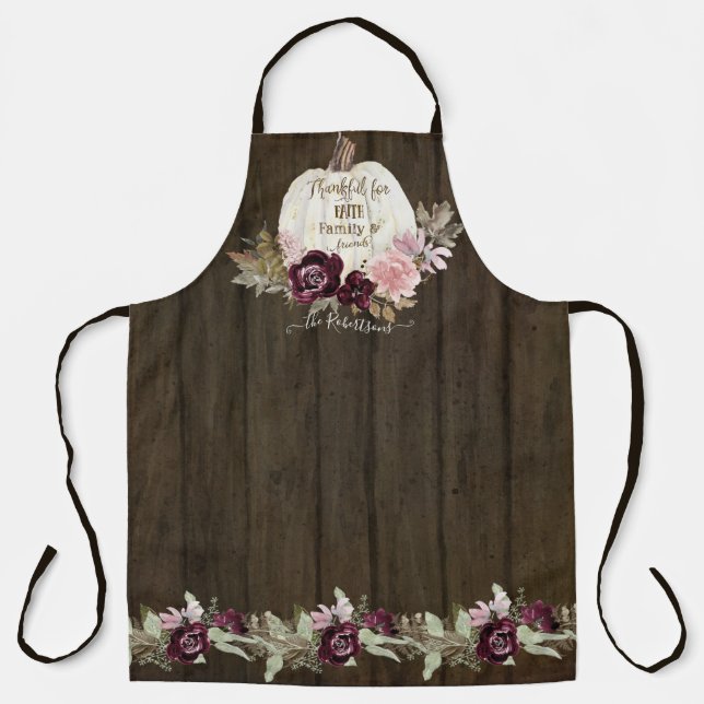Burgund Floral Fall Rustikales Holz w White Pumpki Schürze (Vorderseite)