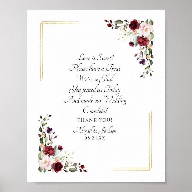 Burgund Floral Foil Hochzeitsfeier Leckerei Zeiche Poster (Vorne)