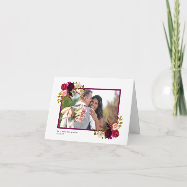 Burgund Floral Foto Hochzeit danke (Vorderseite)