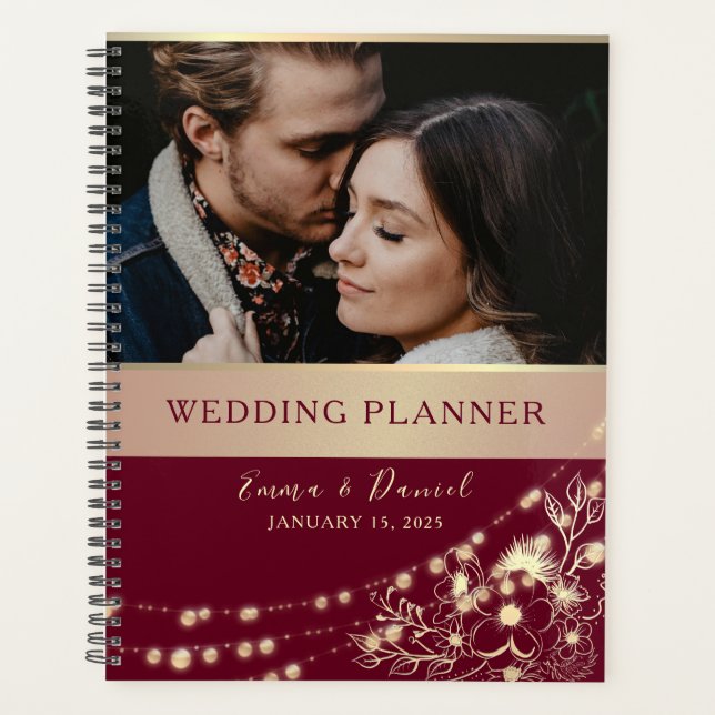 Burgund Floral Foto Hochzeitsplaner Planer (Vorderseite)