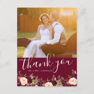 Burgund Floral Foto Rustic Wedding Vielen Dank Postkarte