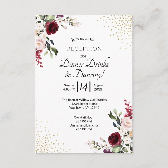 Burgund Floral Gold Foil Hochzeitsempfang Begleitkarte (Vorderseite)
