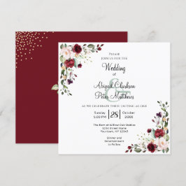Burgund Floral Gold Foil Square Hochzeit Einladung