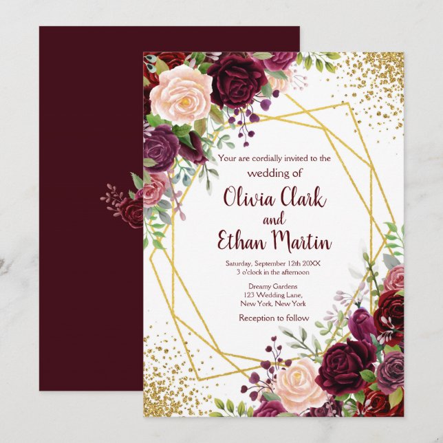 Burgund Floral Gold Geometrie Einladung (Vorne/Hinten)