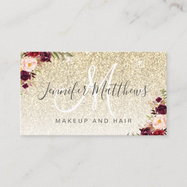 Burgund Floral Gold Glitzer Makeup COVID Safe Visitenkarte (Vorderseite)