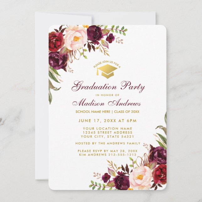 Burgund Floral Gold Graduation Party Einladung RB (Vorderseite)