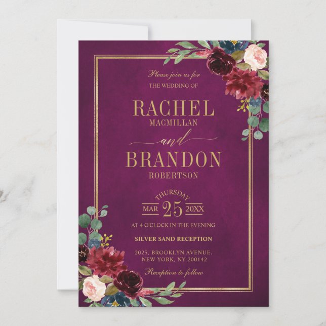 Burgund Floral Gold Marsala Rosa Rustikale Hochzei Einladung (Vorderseite)