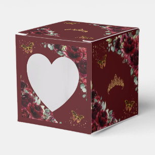 Burgund Floral Gold Quinceanera 15 16 XV Mini Geschenkschachtel