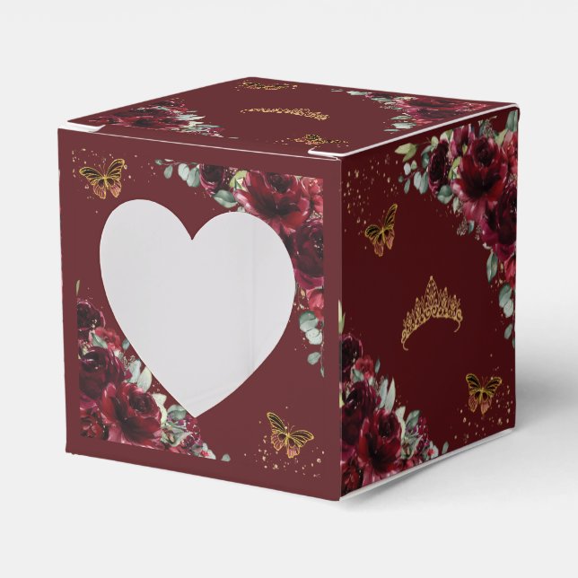 Burgund Floral Gold Quinceanera 15 16 XV Mini Geschenkschachtel (Vorderseite)