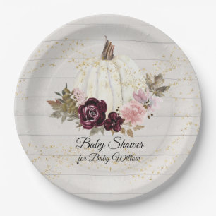 Burgund Floral Gold White Pumpkin Baby Dusche Pappteller