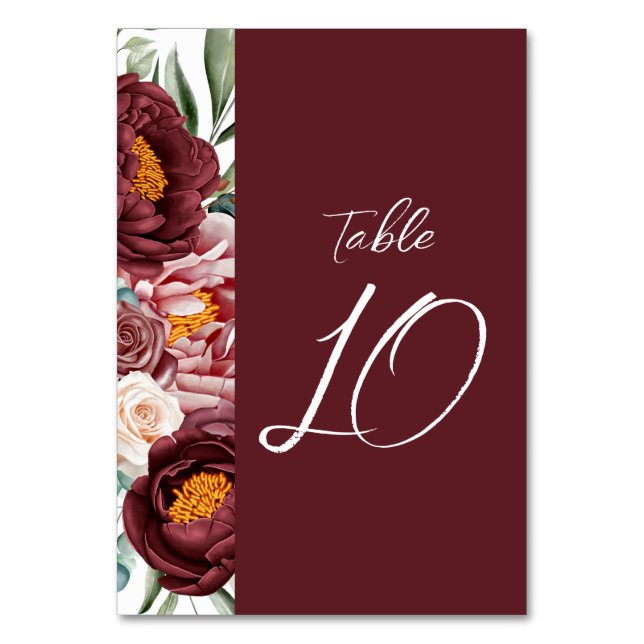 Burgund-Floral-Kalligrafie Moderne Tischnummer (Vorderseite)