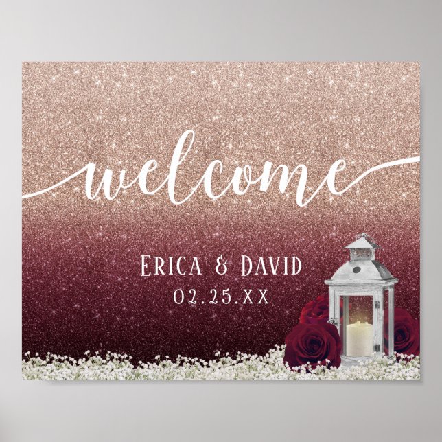 Burgund Floral Lantern Rose Gold Hochzeit Willkomm Poster (Vorne)
