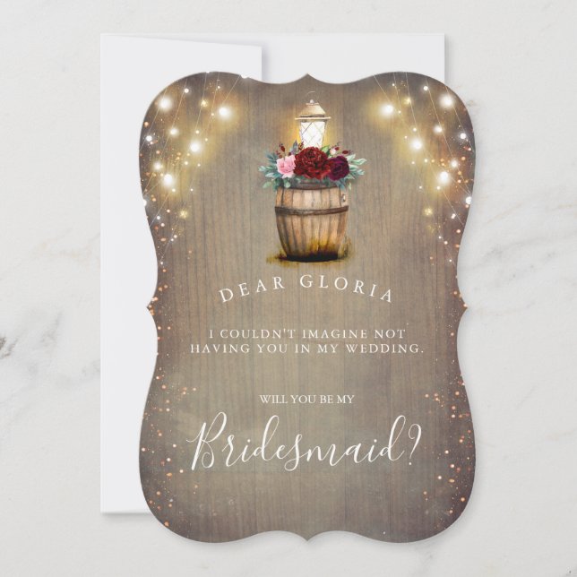 Burgund Floral Lantern Rustikale Bridesmaid Vorsch Einladung (Vorderseite)