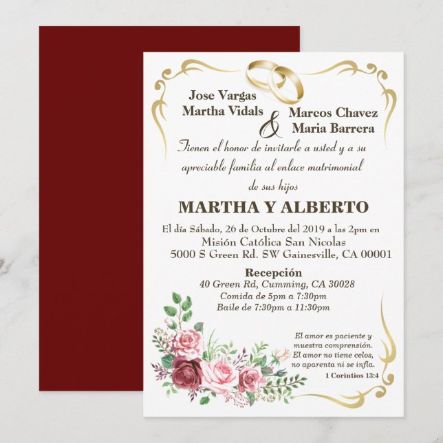 Burgund Floral Modern Gold Frame Einladung (Vorne/Hinten)