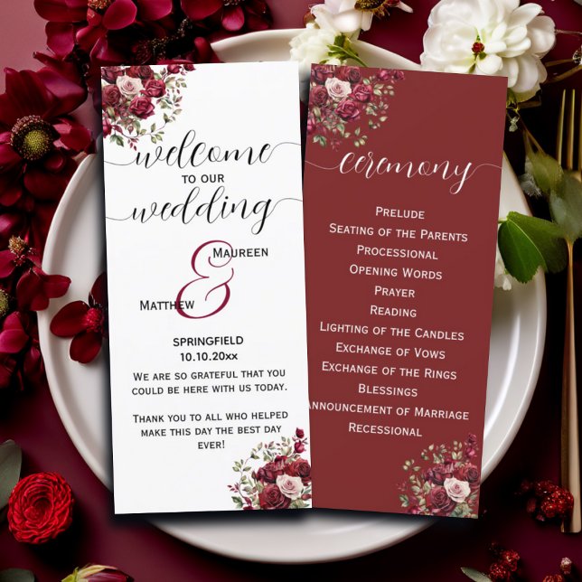 Burgund Floral Modern Wedding Zeremony Programm (Von Creator hochgeladen)