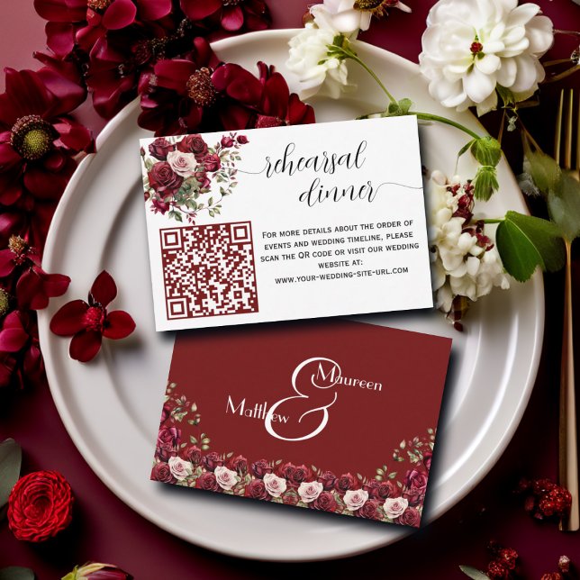 Burgund Floral Moderne QR Code Probe Dinner Begleitkarte (Von Creator hochgeladen)