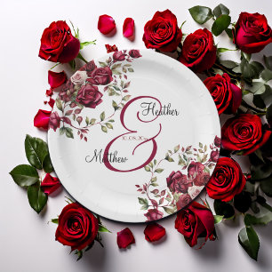 Burgund Floral Moderne Skripthochzeit Pappteller