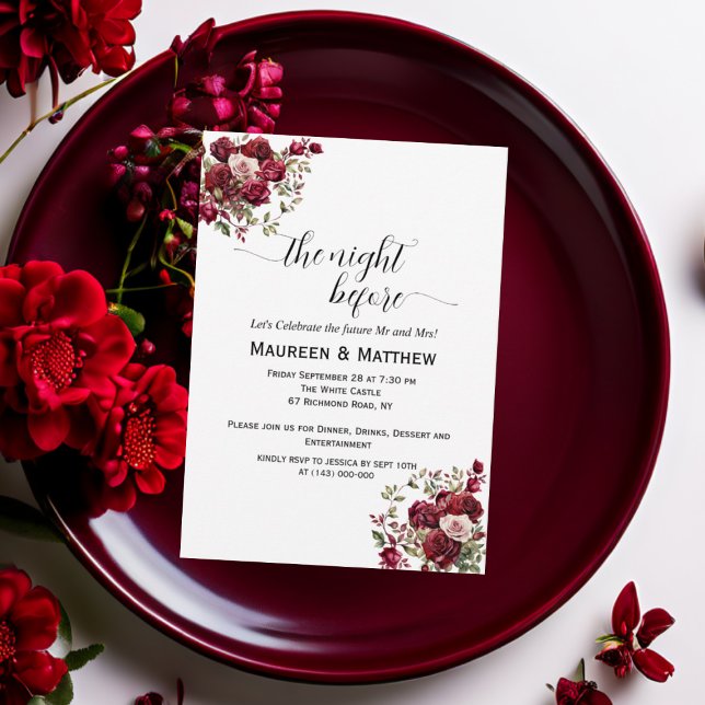 Burgund Floral Moderne "The Night Before" Hochzeit Einladung (Von Creator hochgeladen)