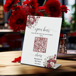 Burgund Floral Moderner QR Code Hochzeit Open Bar Sockelschild