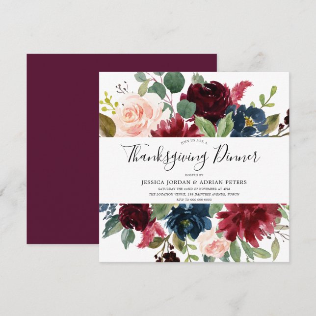 Burgund Floral Modernes Erntedank Abendessen Einladung (Vorne/Hinten)